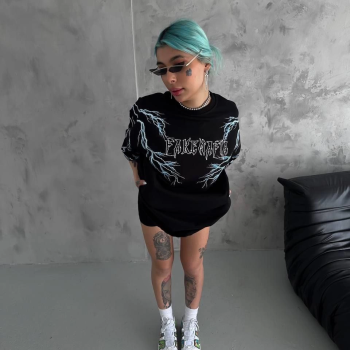 Kadın Bisiklet Yaka Baskılı Kısa kol Oversize T-Shirt - Siyah Kadın Bisiklet Yaka Baskılı Kısa kol Oversize T-Shirt - Siyah