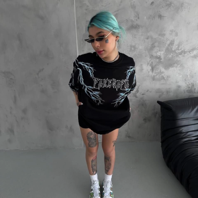 Kadın Bisiklet Yaka Baskılı  Kısa kol Oversize T-Shirt - Siyah