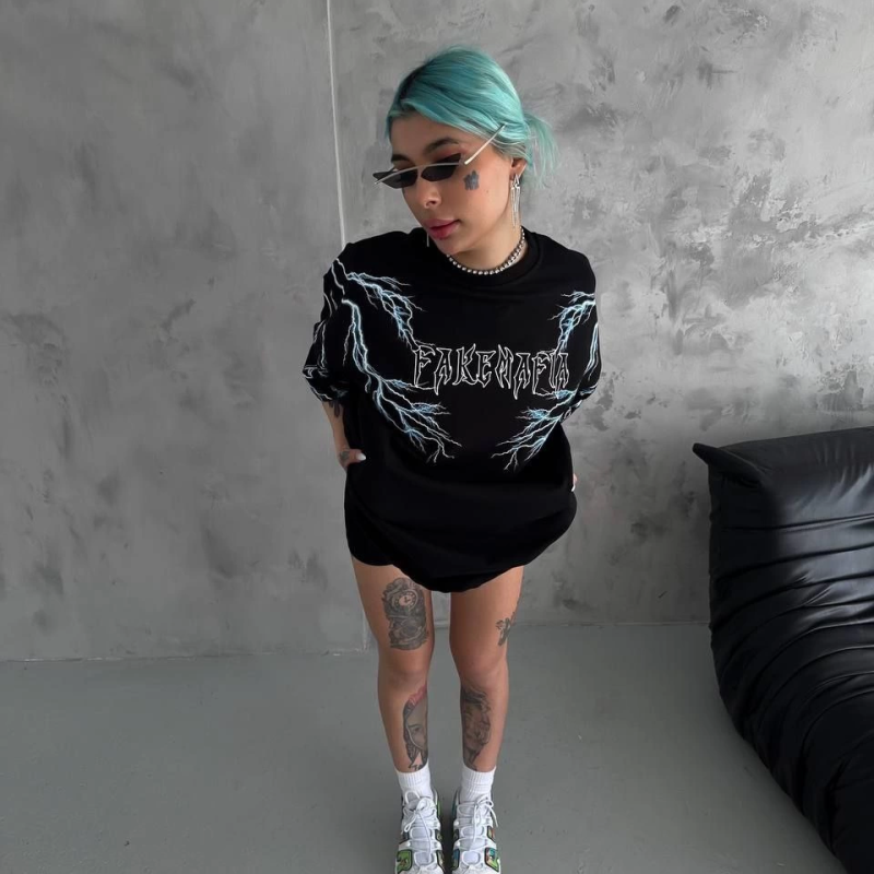 Kadın Bisiklet Yaka Baskılı  Kısa kol Oversize T-Shirt - Siyah