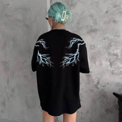 Kadın Bisiklet Yaka Baskılı  Kısa kol Oversize T-Shirt - Siyah