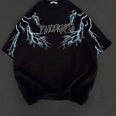 Kadın Bisiklet Yaka Baskılı  Kısa kol Oversize T-Shirt - Siyah