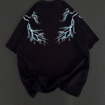 Kadın Bisiklet Yaka Baskılı  Kısa kol Oversize T-Shirt - Siyah