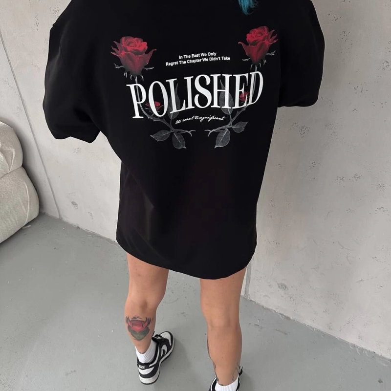 Kadın Bisiklet Yaka Baskılı kısa kol Oversize T-Shirt - Siyah