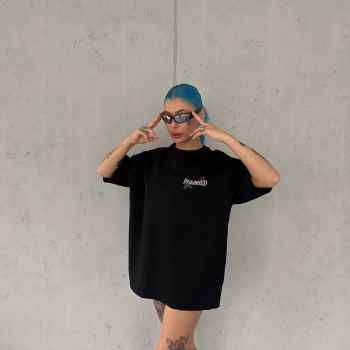 Kadın Bisiklet Yaka Baskılı kısa kol Oversize T-Shirt - Siyah