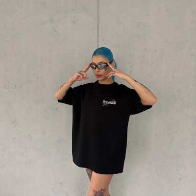 Kadın Bisiklet Yaka Baskılı kısa kol Oversize T-Shirt - Siyah