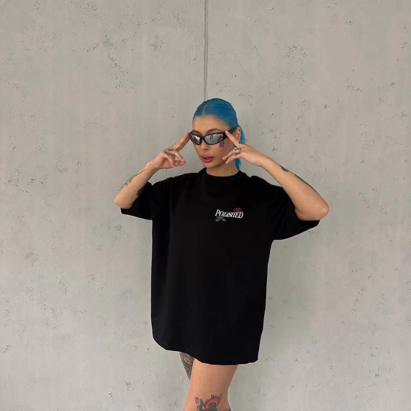 Kadın Bisiklet Yaka Baskılı kısa kol Oversize T-Shirt - Siyah