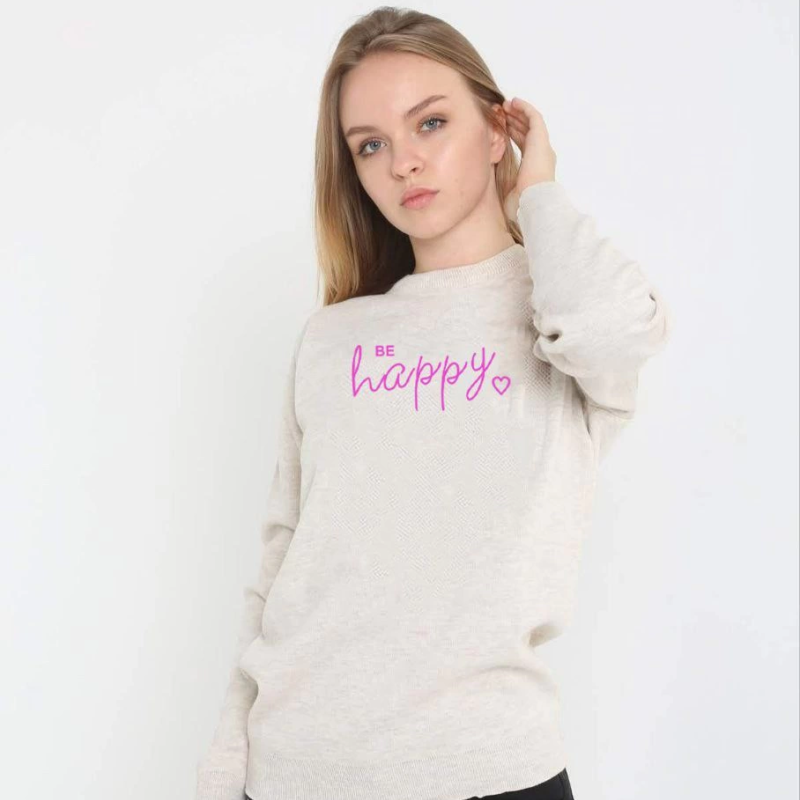 Kadın Bisiklet Yaka Kazak Baskılı Dokuma Triko - Bej