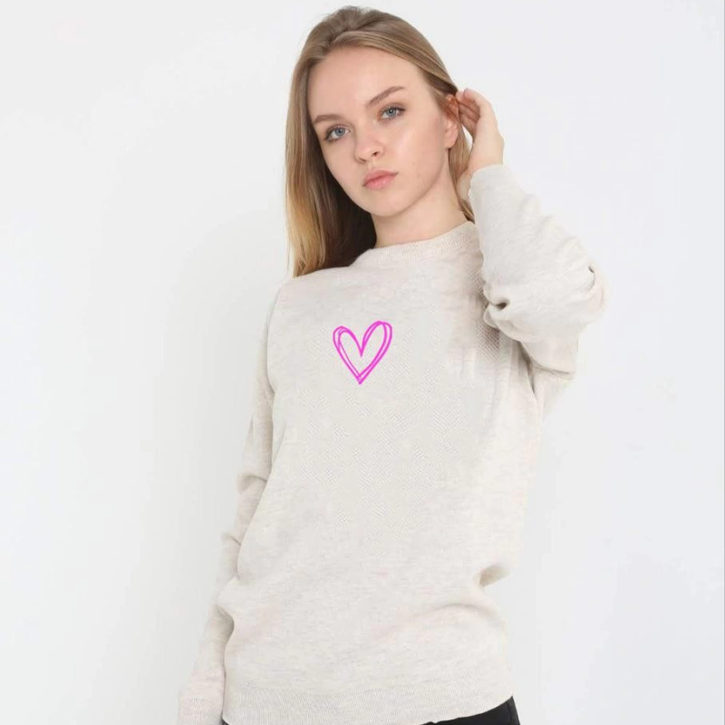 Kadın Bisiklet Yaka Kazak Baskılı Dokuma Triko - Bej