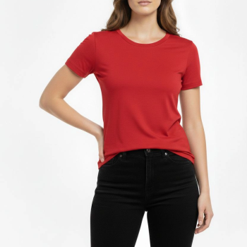 Kadın Bisiklet Yaka Slim Fit Likralı Tişört - Kırmızı Kadın Bisiklet Yaka Slim Fit Likralı Tişört - Kırmızı