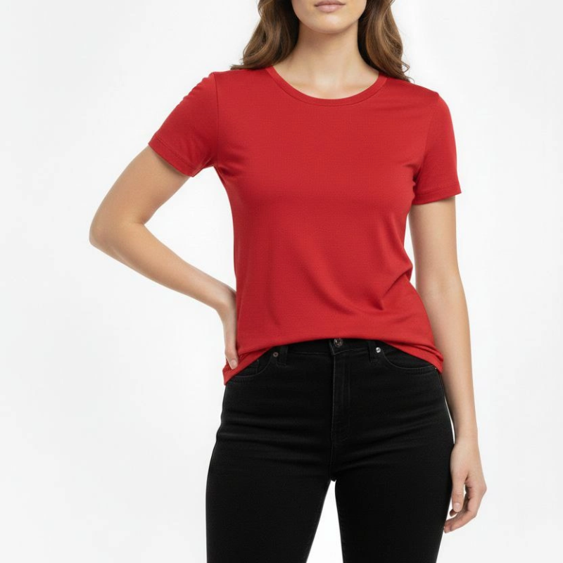 Kadın Bisiklet Yaka Slim Fit Likralı Tişört - Kırmızı