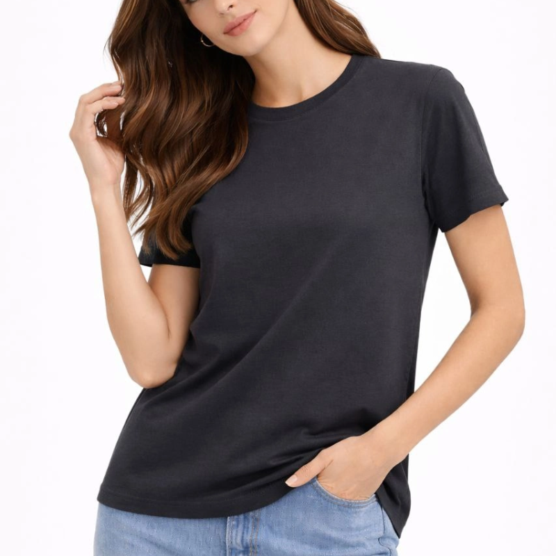 Kadın Bisiklet Yaka Yazlık Kısa kol Düz Tişört Regular Kalıp T-shirt - Füme