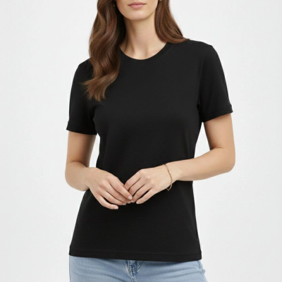 Kadın Bisiklet Yaka Yazlık Kısa kol Düz Tişört Regular Kalıp T-shirt - Siyah