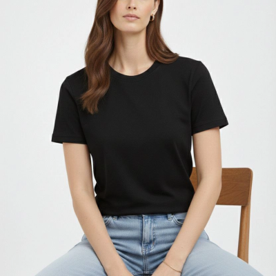 Kadın Bisiklet Yaka Yazlık Kısa kol Düz Tişört Regular Kalıp T-shirt - Siyah