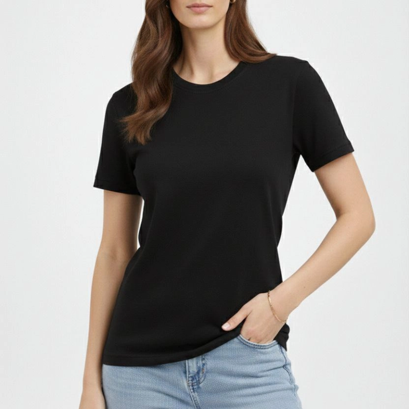 Kadın Bisiklet Yaka Yazlık Kısa kol Düz Tişört Regular Kalıp T-shirt - Siyah