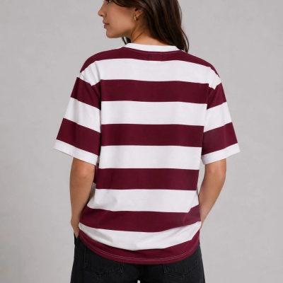 Kadın Çizgili Oversize Tişört Bisiklet Yaka Kısa Kol Yazlık T-Shirt - Bordo