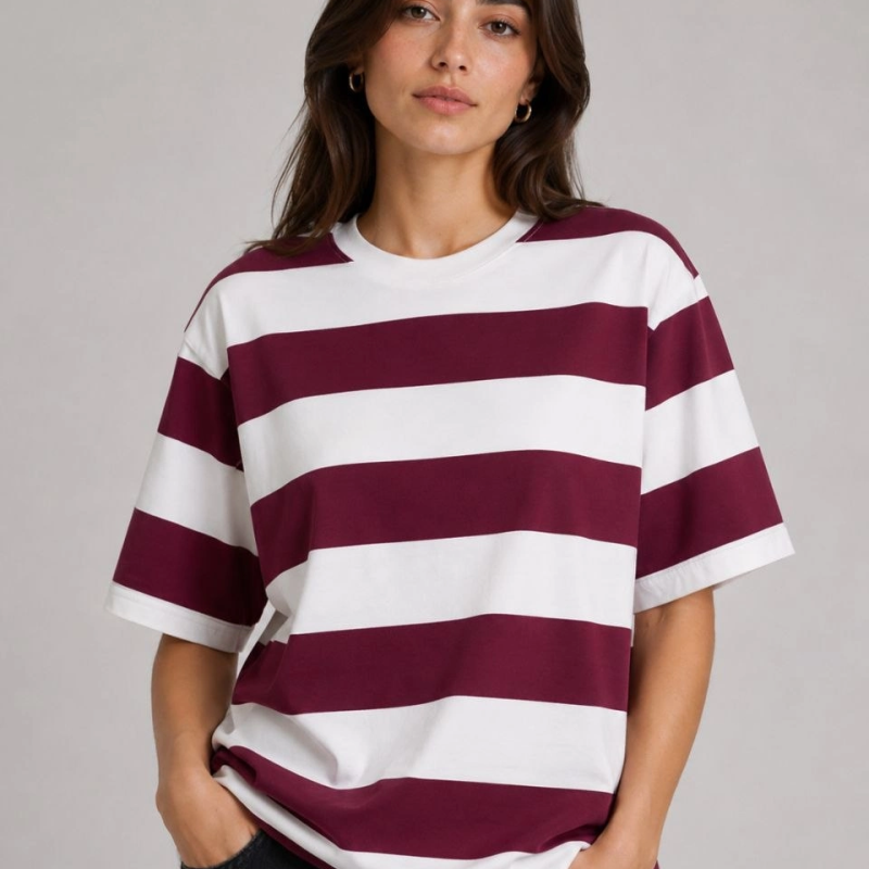 Kadın Çizgili Oversize Tişört Bisiklet Yaka Kısa Kol Yazlık T-Shirt - Bordo