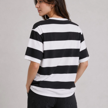 Kadın Çizgili Oversize Tişört Bisiklet Yaka Kısa Kol Yazlık T-Shirt - Siyah Kadın Çizgili Oversize Tişört Bisiklet Yaka Kısa Kol Yazlık T-Shirt - Siyah