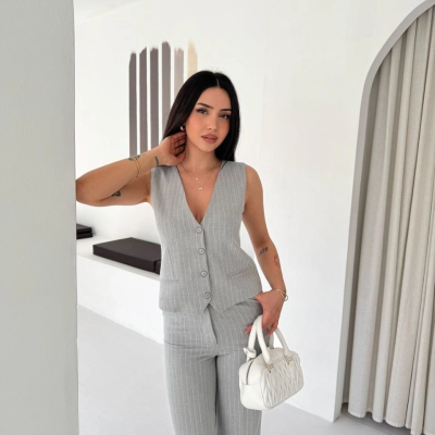 Kadın Çizgili Tansel Kumaş Yelek Pantolon İkili Takım Ofis Şık Modern - Gri