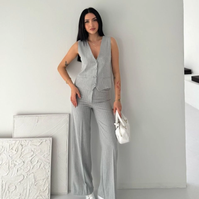 Kadın Çizgili Tansel Kumaş Yelek Pantolon İkili Takım Ofis Şık Modern - Gri