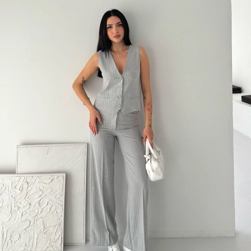 Kadın Çizgili Tansel Kumaş Yelek Pantolon İkili Takım Ofis Şık Modern - Gri