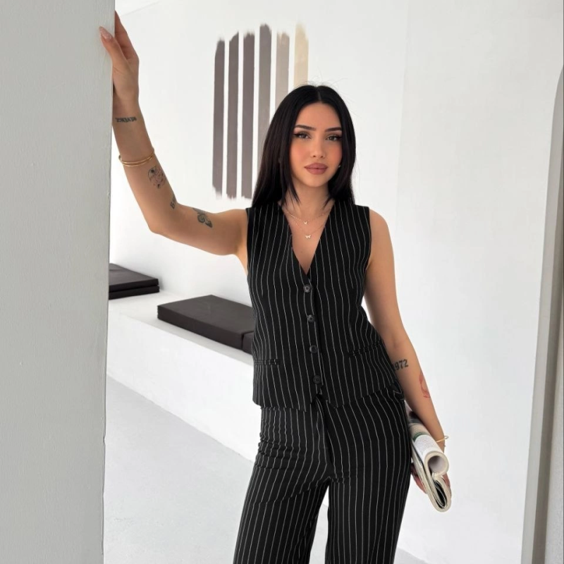 Kadın Çizgili Tansel Kumaş Yelek Pantolon İkili Takım Ofis Şık Modern - Siyah