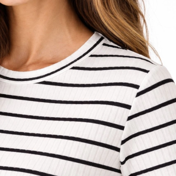 Kadın Çizgili Yazlık Triko T-Shirt Bisiklet Yaka Rahat Kalıp Tişört - Beyaz