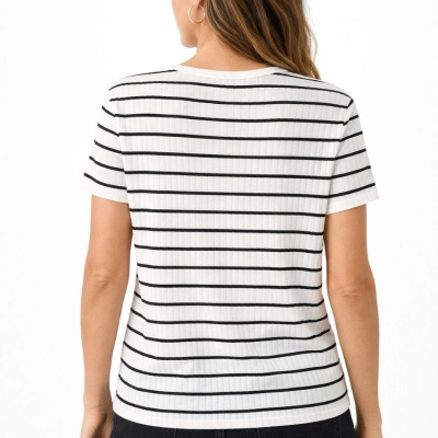 Kadın Çizgili Yazlık Triko T-Shirt Bisiklet Yaka Rahat Kalıp Tişört - Beyaz