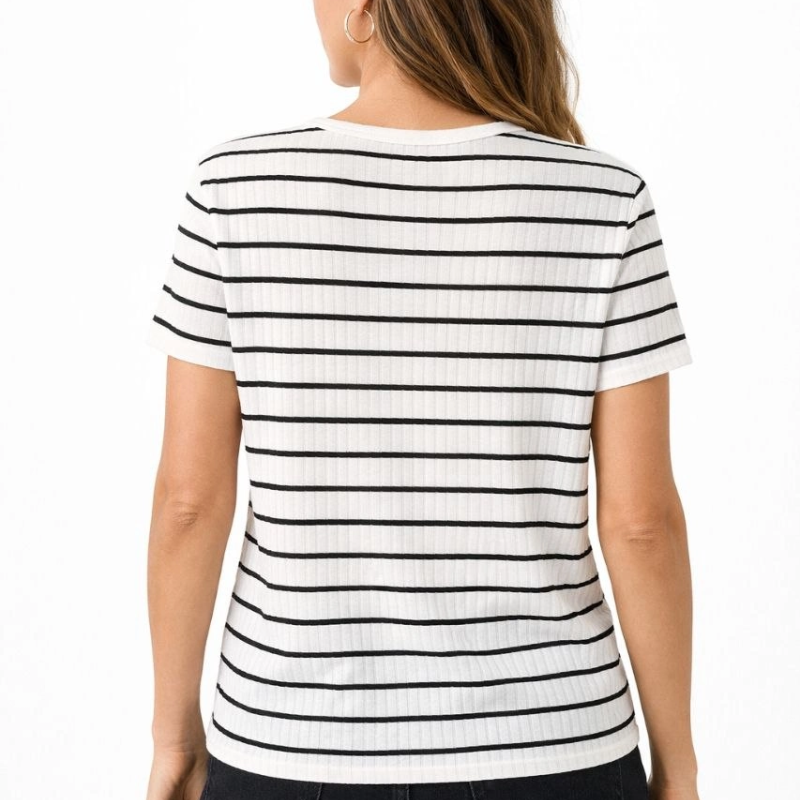 Kadın Çizgili Yazlık Triko T-Shirt Bisiklet Yaka Rahat Kalıp Tişört - Beyaz