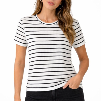 Kadın Çizgili Yazlık Triko T-Shirt Bisiklet Yaka Rahat Kalıp Tişört - Beyaz