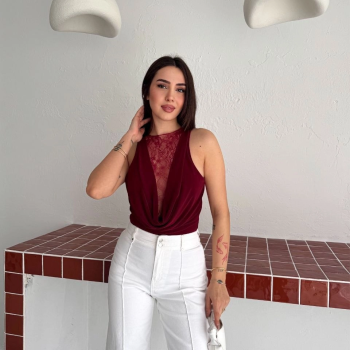 Kadın Dantel Detaylı Derin Dekolte Body Şık Kolsuz Yazlık Bodysuit - Bordo