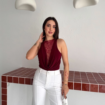 Kadın Dantel Detaylı Derin Dekolte Body Şık Kolsuz Yazlık Bodysuit - Bordo