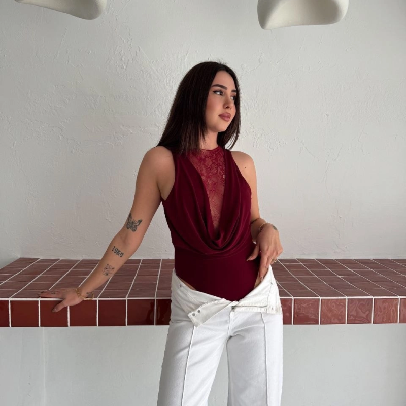 Kadın Dantel Detaylı Derin Dekolte Body Şık Kolsuz Yazlık Bodysuit - Bordo