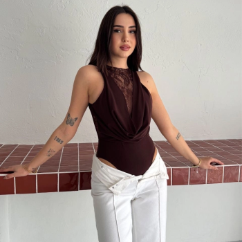 Kadın Dantel Detaylı Derin Dekolte Body Şık Kolsuz Yazlık Bodysuit - Kahvrenegi