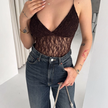 Kadın Dantel Detaylı Derin Dekolte Body Şık Kolsuz Yazlık Bodysuit - Kahvrenegi