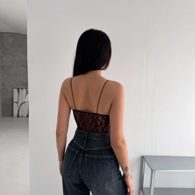 Kadın Dantel Detaylı Derin Dekolte Body Şık Kolsuz Yazlık Bodysuit - Kahvrenegi