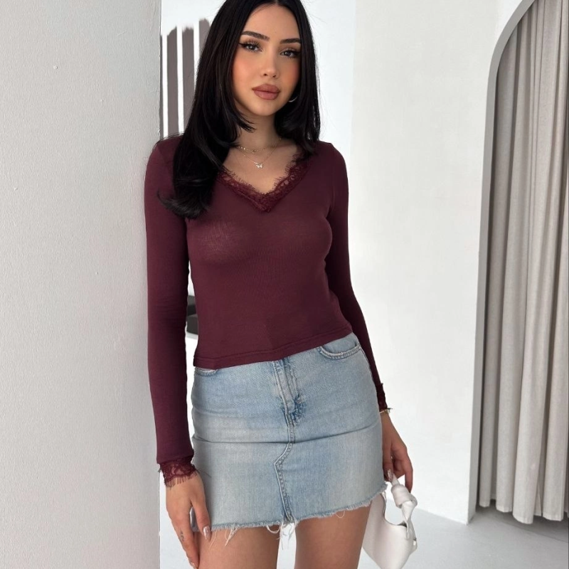 Kadın Dantel Detaylı V Yaka Arkası V Yaka Kaşmir Dokulu Uzun Kollu Bluz - Bordo