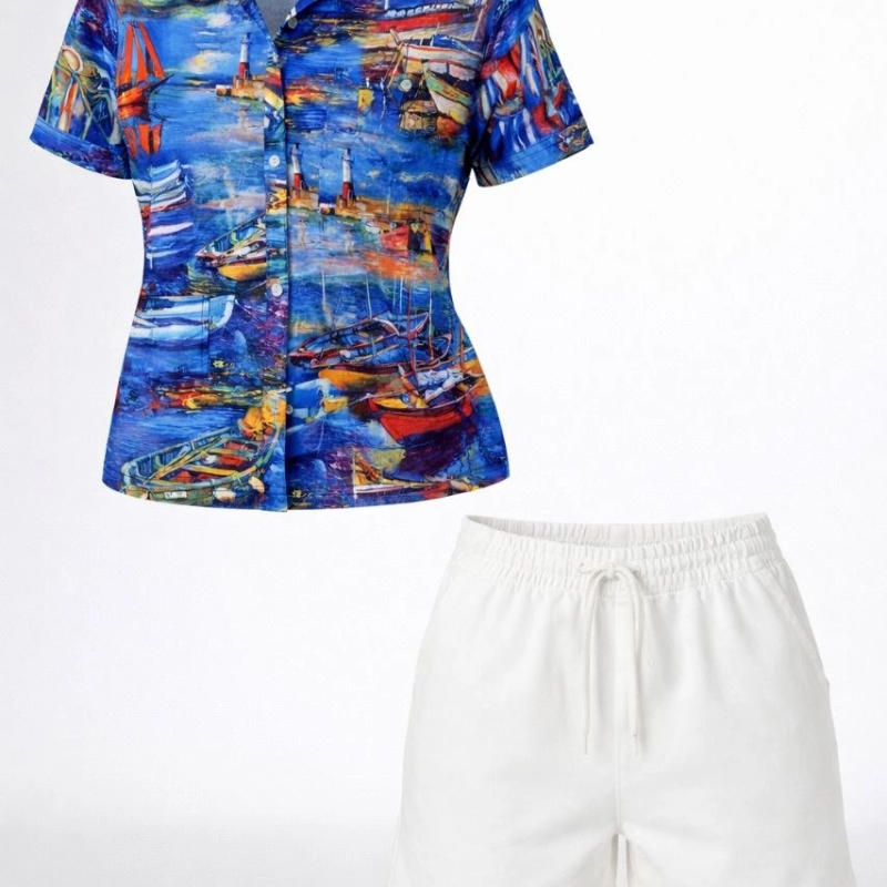 Kadın Deniz Temalı Desenli Kısa Kol Gömlek Şort Takım Yazlık Rahat Kalıp - Desenli