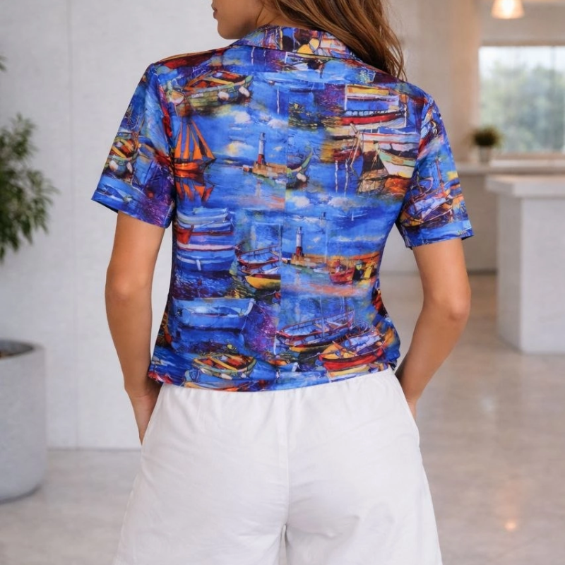 Kadın Deniz Temalı Desenli Kısa Kol Gömlek Şort Takım Yazlık Rahat Kalıp - Desenli