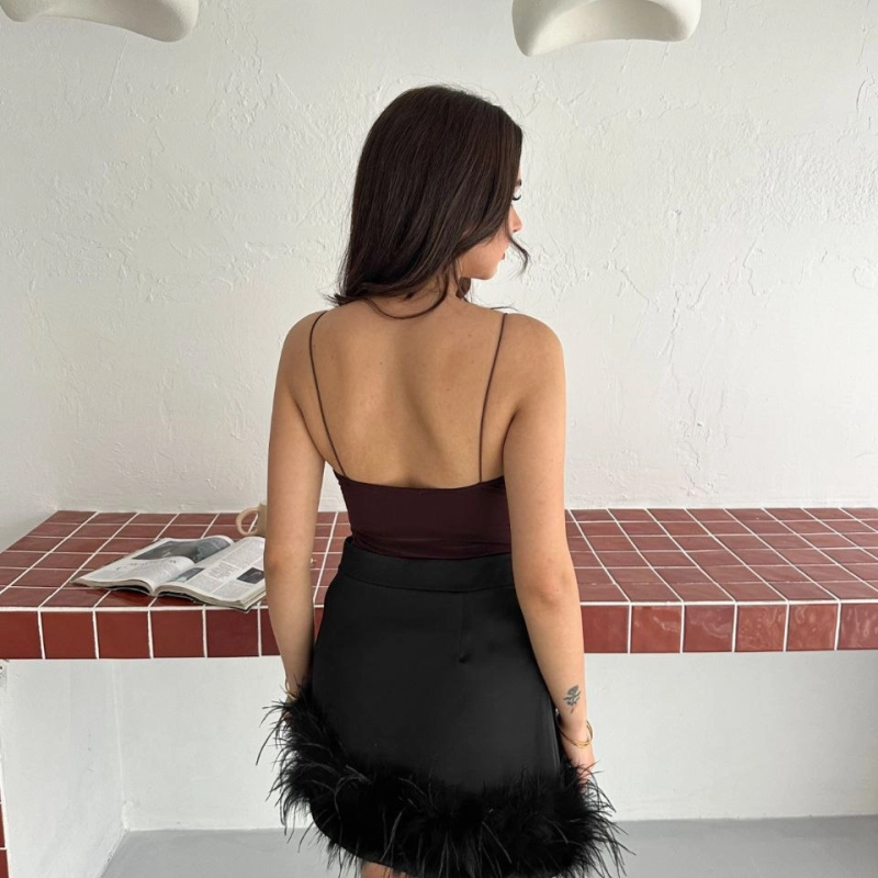 Kadın Derin Dekolte Askılı Body Sırt Dekolteli Şık Kolsuz Yazlık Bodysuit - Kahverengi