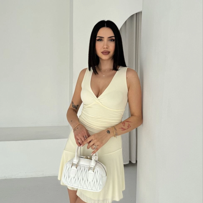 Kadın Derin V Yaka Sırt Dekolteli Mini Elbise Drapeli Şık Kolsuz - Açık Sarı