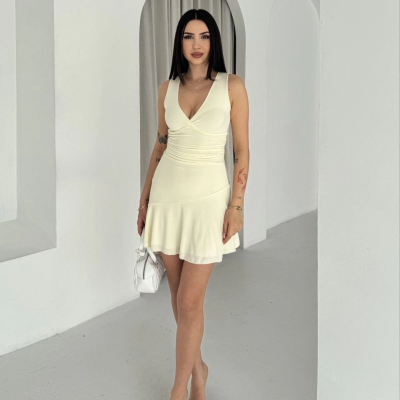 Kadın Derin V Yaka Sırt Dekolteli Mini Elbise Drapeli Şık Kolsuz - Açık Sarı