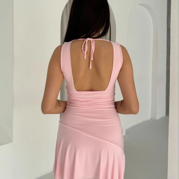 Kadın Derin V Yaka Sırt Dekolteli Mini Elbise Drapeli Şık Kolsuz - Pembe