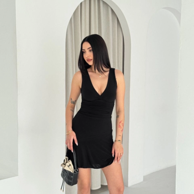 Kadın Derin V Yaka Sırt Dekolteli Mini Elbise Drapeli Şık Kolsuz - Siyah