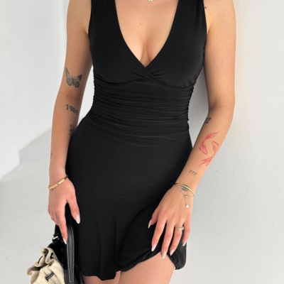 Kadın Derin V Yaka Sırt Dekolteli Mini Elbise Drapeli Şık Kolsuz - Siyah