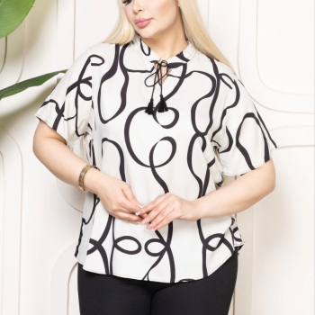 Kadın Desenli Püsküllü Viskon Bluz Bebe Yaka Battal Beden Kısa Kol