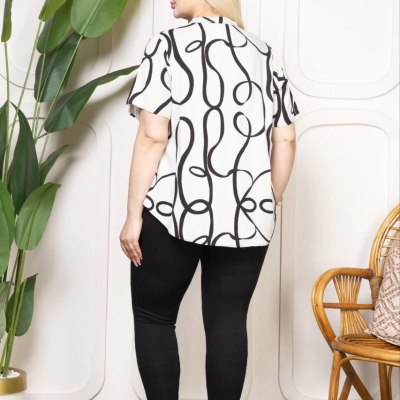 Kadın Desenli Püsküllü Viskon Bluz Bebe Yaka Battal Beden Kısa Kol