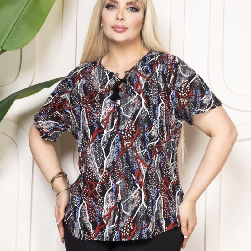 Kadın Desenli Püsküllü Viskon Bluz Bebe Yaka Battal Beden Kısa Kol