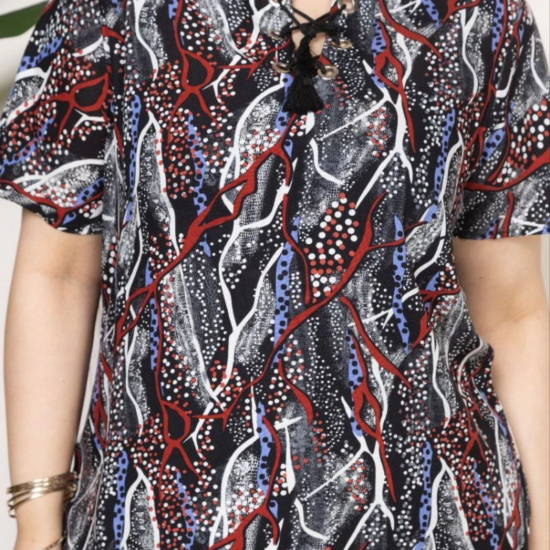 Kadın Desenli Püsküllü Viskon Bluz Bebe Yaka Battal Beden Kısa Kol