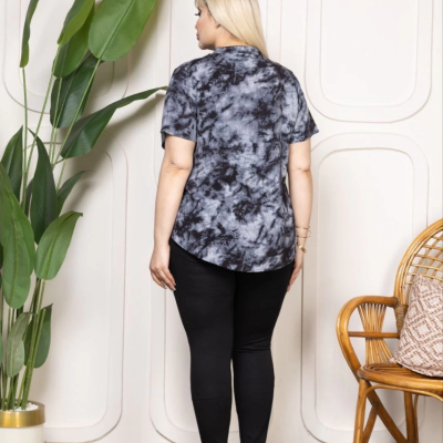 Kadın Desenli Püsküllü Viskon Bluz Bebe Yaka Battal Beden Kısa Kol