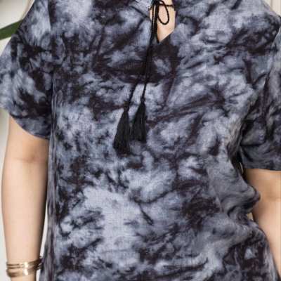 Kadın Desenli Püsküllü Viskon Bluz Bebe Yaka Battal Beden Kısa Kol